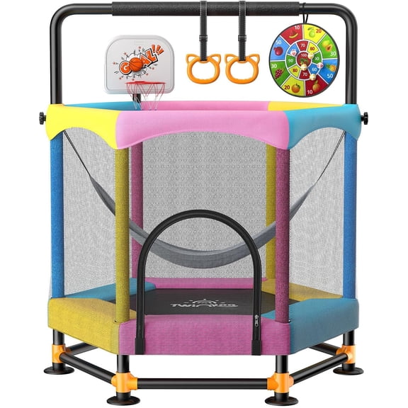 60" Trampoline for , 5FT Fortified Trampolines with Anti-Rollover Bottom, Indoor/Outdoor Trampoline with Safety Enclosure, Adjustable Gymnastics Bars, Basketball Hoop