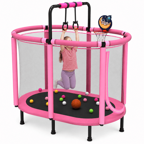 60" Trampoline with Enclosure Net, Kids Trampoline with Basketball Hoop, SHINPT Indoor Trampoline for Kids, Small Trampoline with Ocean Balls, Mini Trampoline with Rings, Gift for Boys Girls