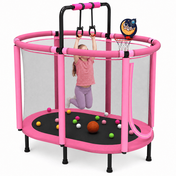 60" Trampoline with Enclosure Net, Kids Trampoline with Basketball Hoop, SHINPT Indoor Trampoline for Kids, Small Trampoline with Ocean Balls, Mini Trampoline with Rings, Gift for Boys Girls