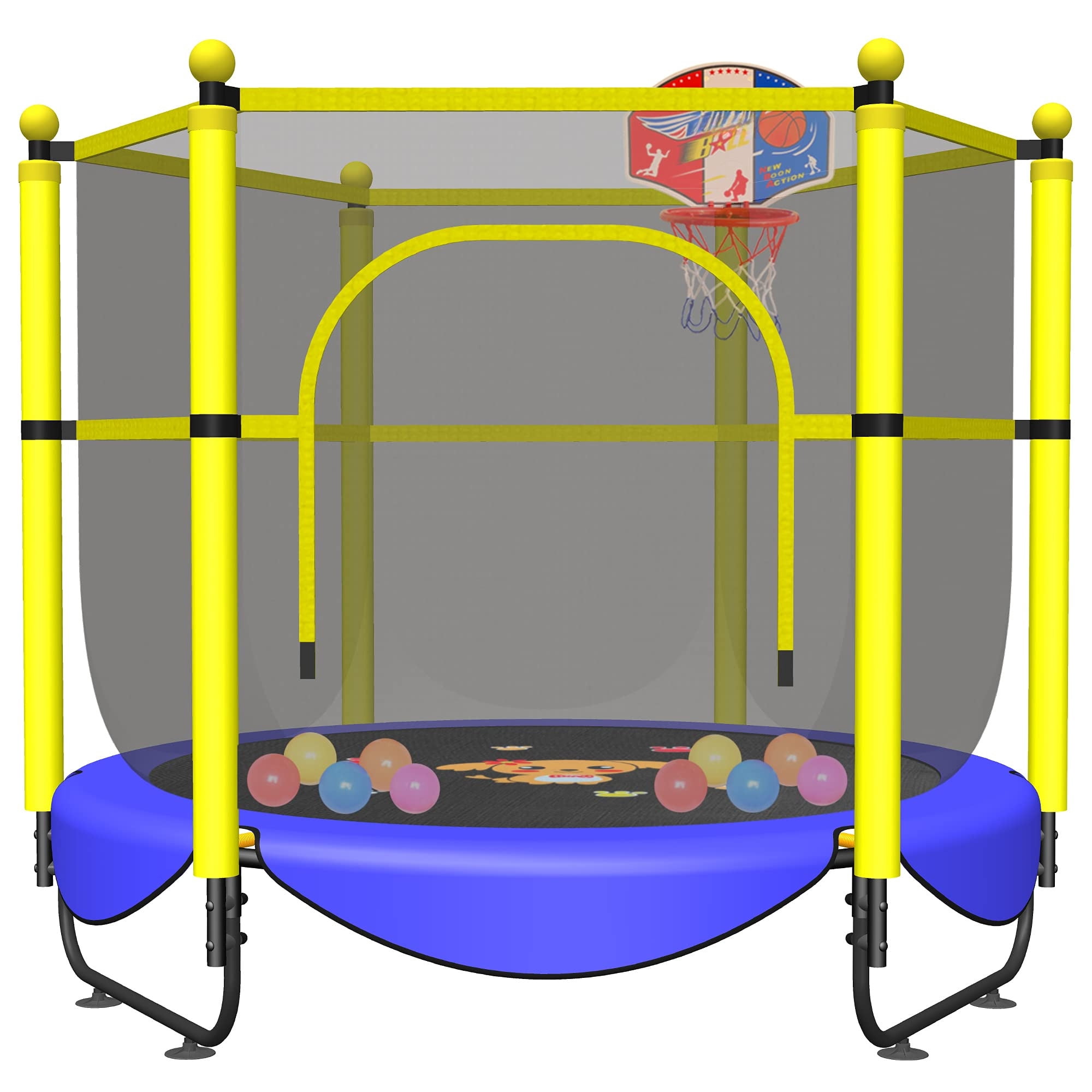 60" Trampoline for Kids, 5 FT Indoor & Outdoor Toddler Baby Trampoline with Basketball Hoop, Safety Enclosure, Birthday Gifts for Kids, Gifts for Boy and Girl, Age 3-8