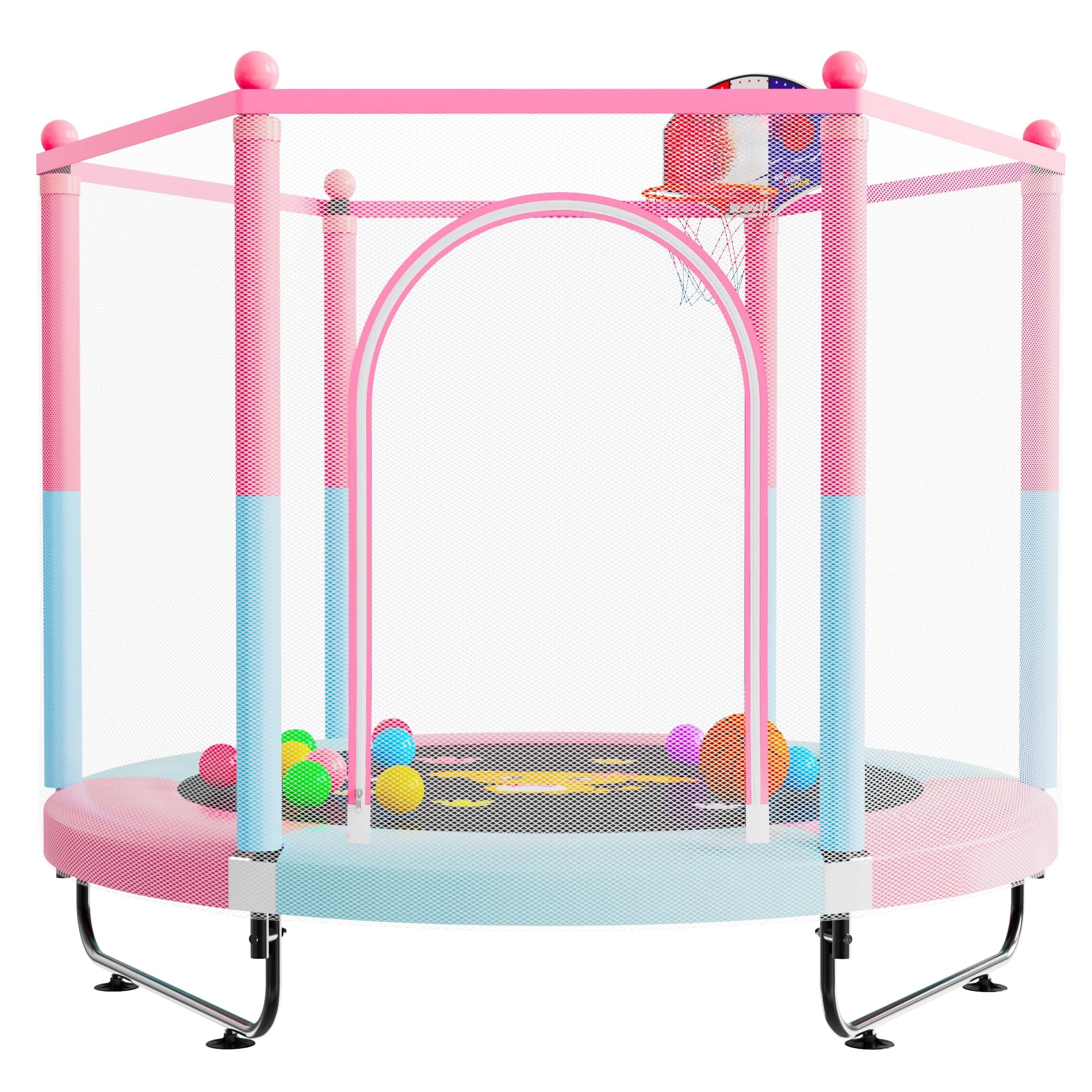 60" Trampoline for Kids, 5 FT Indoor & Outdoor Toddler Baby Trampoline with Basketball Hoop, Safety Enclosure, Birthday Gifts for Kids, Gifts for Boy and Girl, Age 3-8