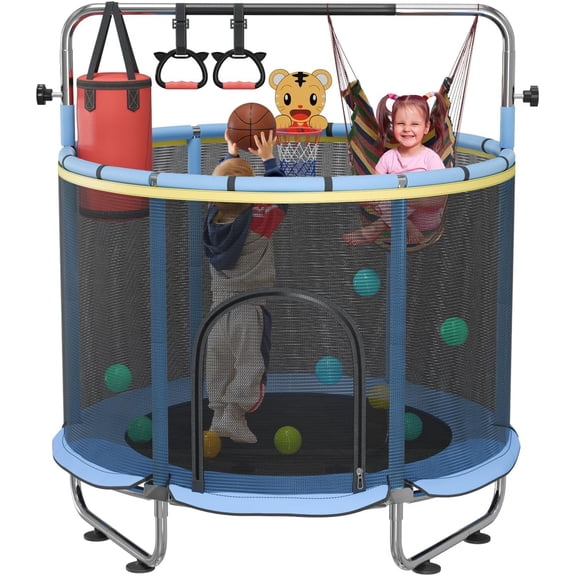 60" Trampoline for Kids, 5FT Kids Trampolines Indoor & Outdoor, Toddler Trampolines with Enclosure Net, Adjustable Baby Trampoline Playset with No-Gap Design, Gifts for Boys & Girls