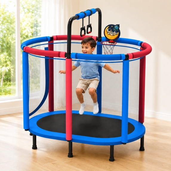 60" Kids Trampoline with Safety Enclosure Net, Basketball Hoop, Adjustable Gymnastics Bar and Rings, SHINPT Mini Indoor and Outdoor Trampoline, Blue