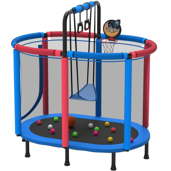 60" Trampoline for Kids Age3-12 with Basketball Hoop, SHINPT Recreational Trampolines with Safety Enclosure Net, Mini Outdoor Trampoline with Swing, Easy Assembly, Outdoor, Indoor