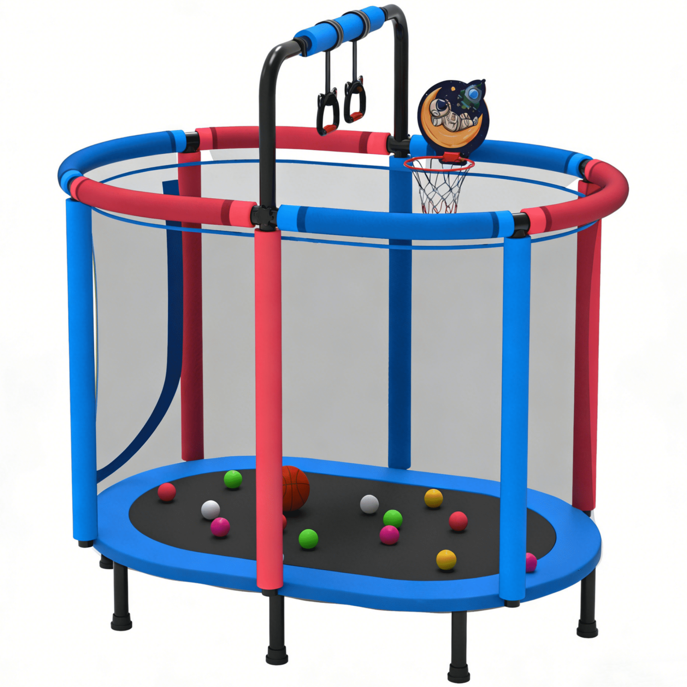 60" Trampoline for Kids with Basketball Hoop, SHINPT Recreational Trampolines with Safety Enclosure Net, Mini Outdoor Trampoline with Adjustable Gymnastics Bar, Easy Assembly, Outdoor, Indoor