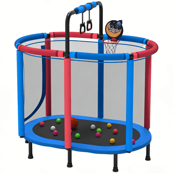 60" Trampoline for Kids with Basketball Hoop, SHINPT Recreational Trampolines with Safety Enclosure Net, Mini Outdoor Trampoline with Adjustable Gymnastics Bar, Easy Assembly, Outdoor, Indoor