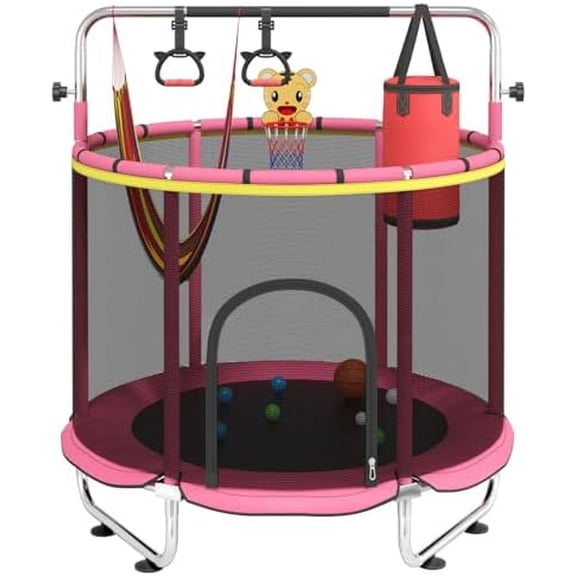 60" Trampoline for Kids with Enclosure Net, 500lbs Capacity Toddler Trampolines Indoor & Outdoor, Kids Trampoline with 5ft Adjustable Gymnastic Bar, Gift for Boys & Girls, Rosered