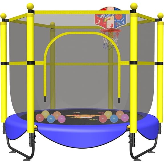 60" Trampoline for , 5 FT Indoor & Outdoor Trampoline with Basketball Hoop, Safety Enclosure, Birthday Gifts for , Gifts for Boy and Girl, 3-8