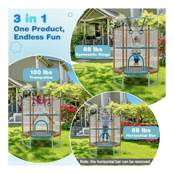 60" Trampoline for Kids with Gymnastic Bar & Rings - Toddler Trampoline w/Safety Enclosure - Indoor Outdoor Bouncer for Ages 3-6