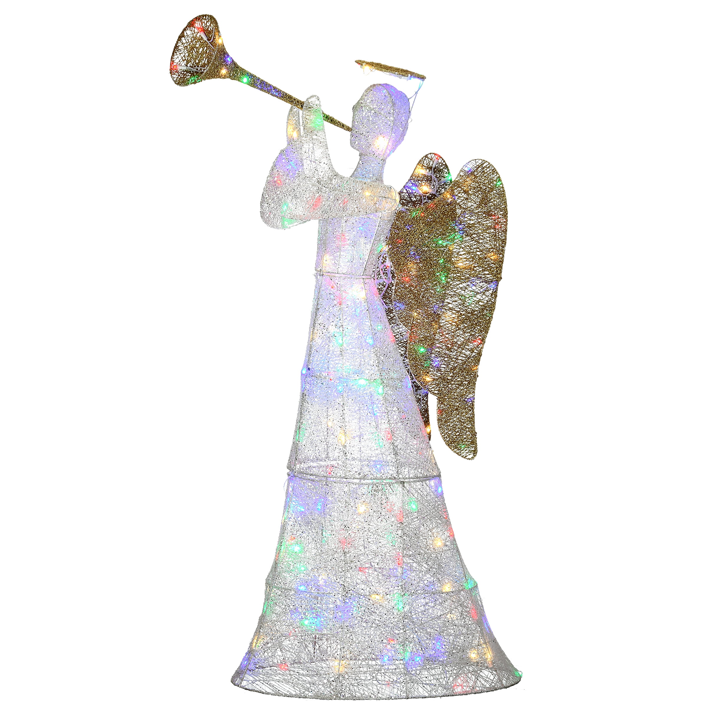 60-Inch White and Gold Sisal Trumpeting Angel with Multicolor LED Lights