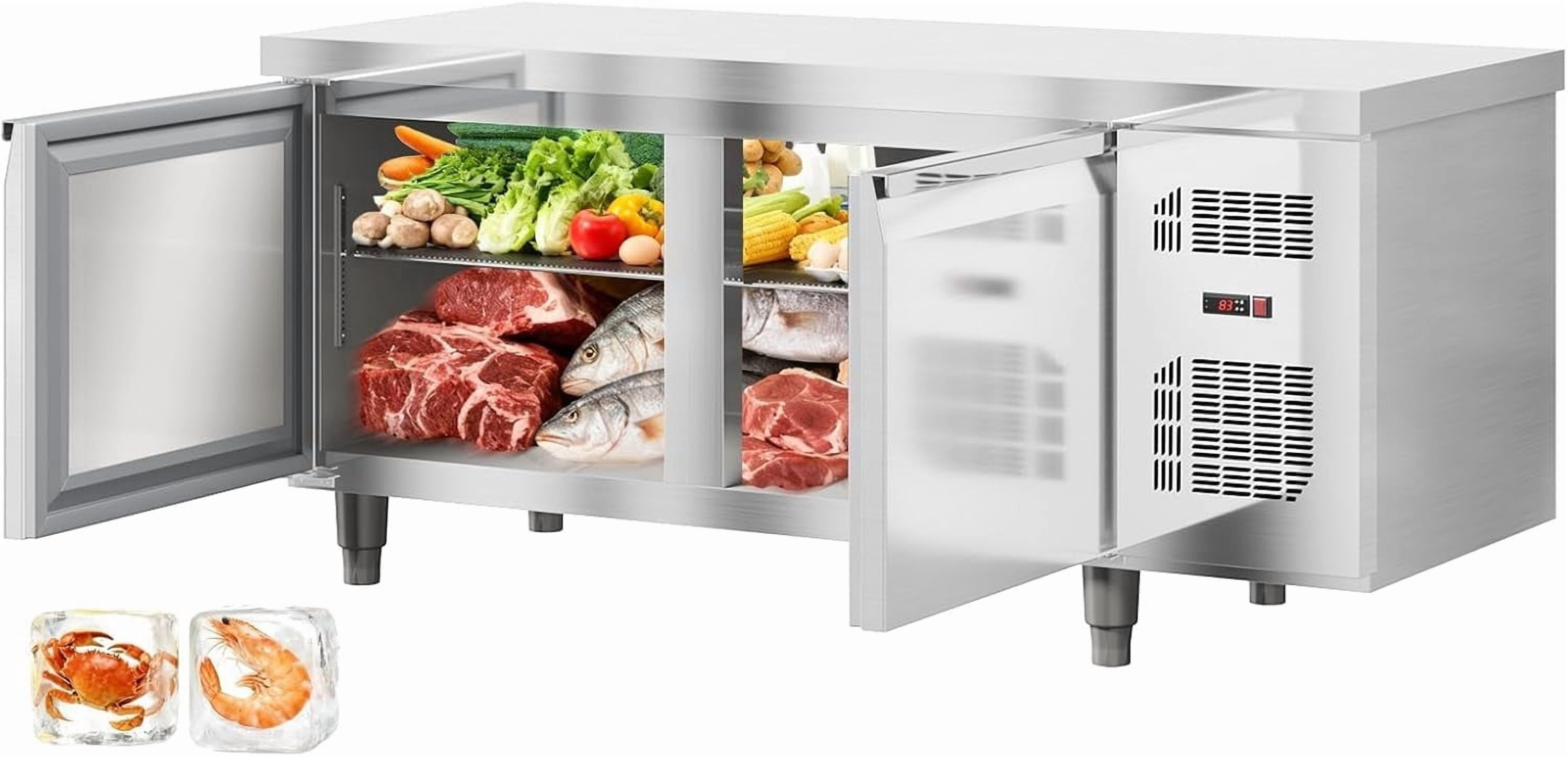 60" Undercounter Commercial Prep Table Freezer – 18 Cu. ft. Stainless Steel, 2-Door Frost-Free Freezer Station for Restaurants, Bars & Stores