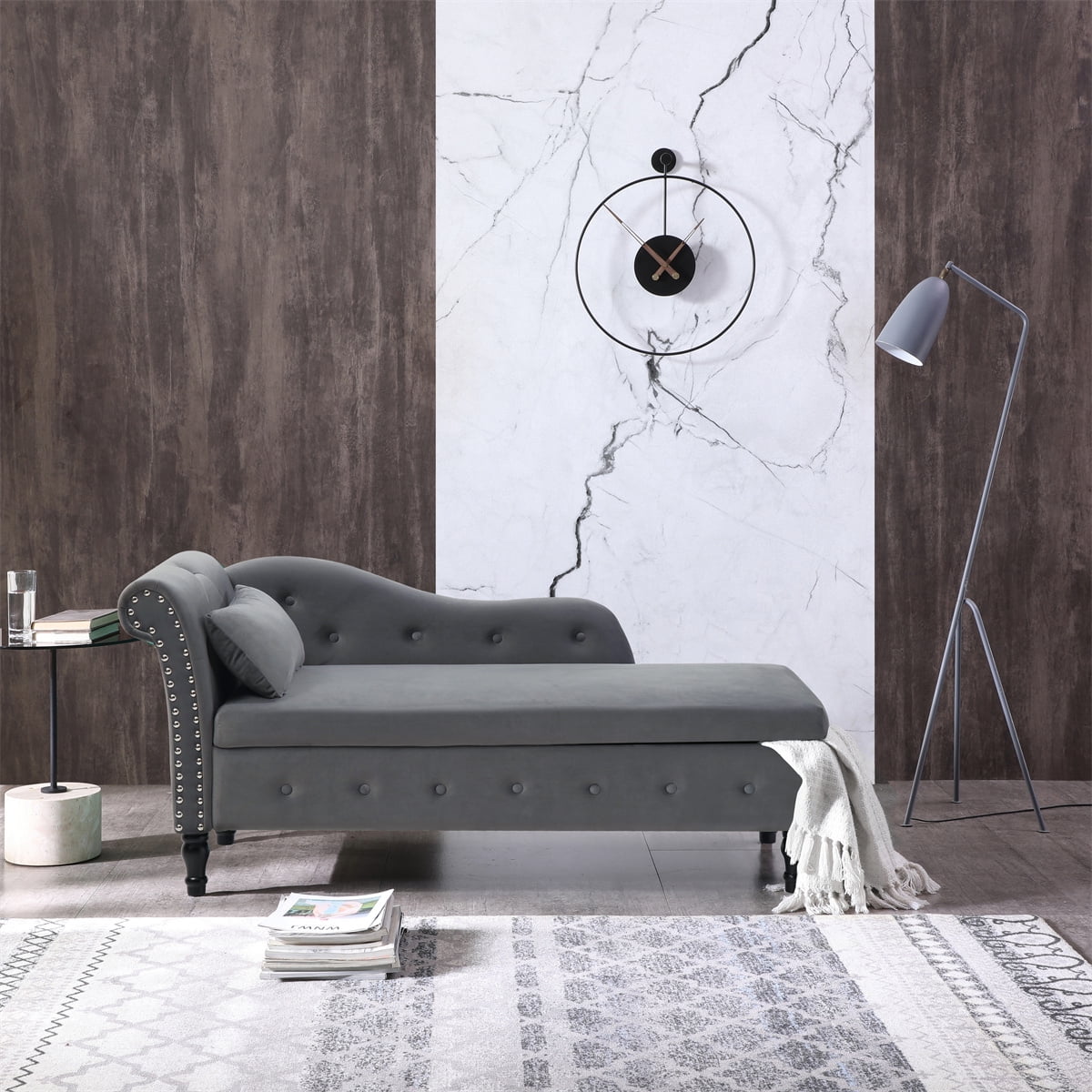 60" Velvet Storage Chaise Lounge, Multifunctional Grey Lounger with ...