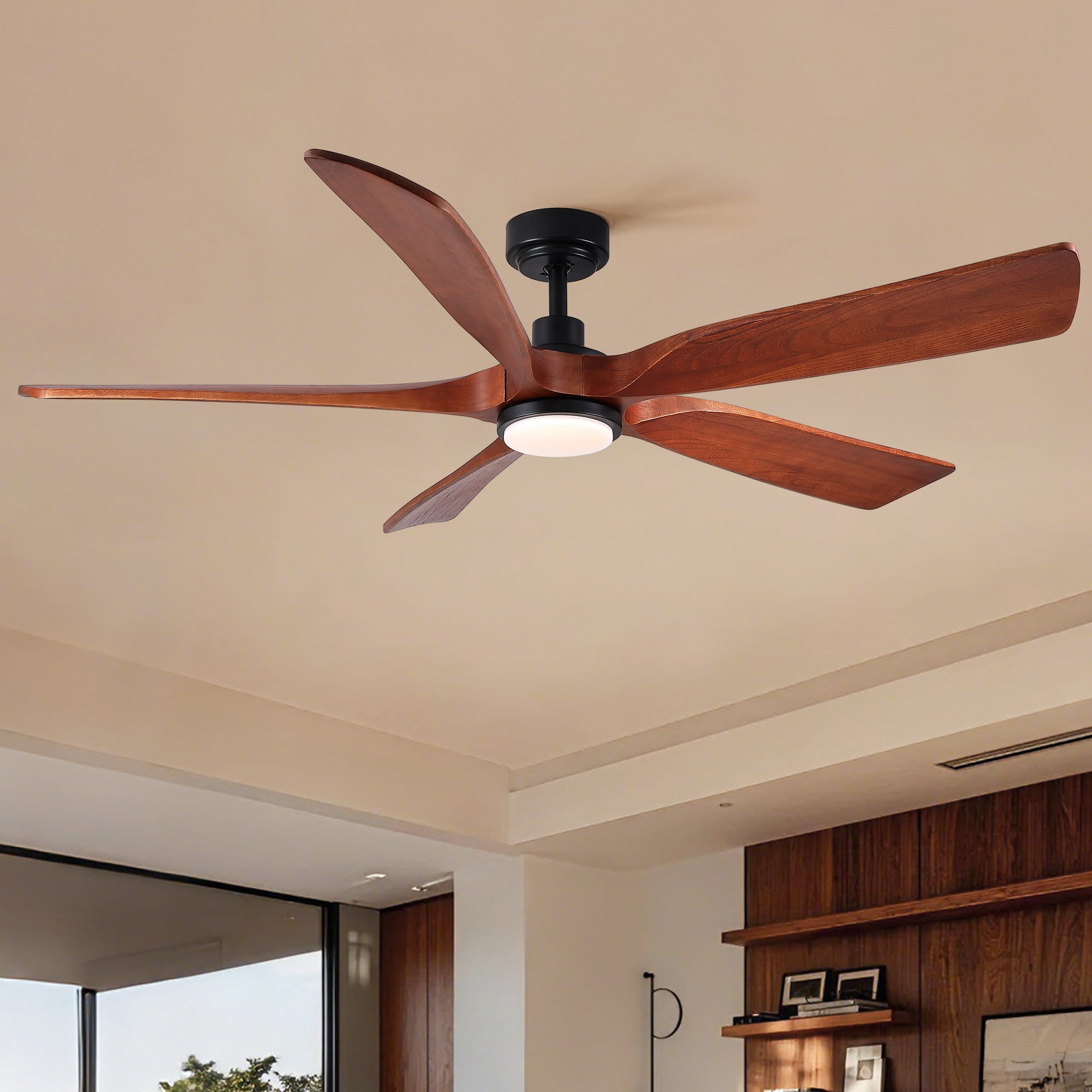 60" Vintage Mahogany Solid Wood Ceiling Fan with Light and Remote Control, Noiseless, Dimmable, 3CCT, 6 Speeds Reversible, Quiet DC Ceiling Fans for Indoor or Covered Outdoor Use