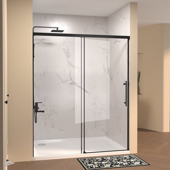 60 W 72 H Single Sliding Shower Door, Matte Black, Clear Tempered Glass, Frameless Design, 5mm Fixed & 6mm Sliding Glass