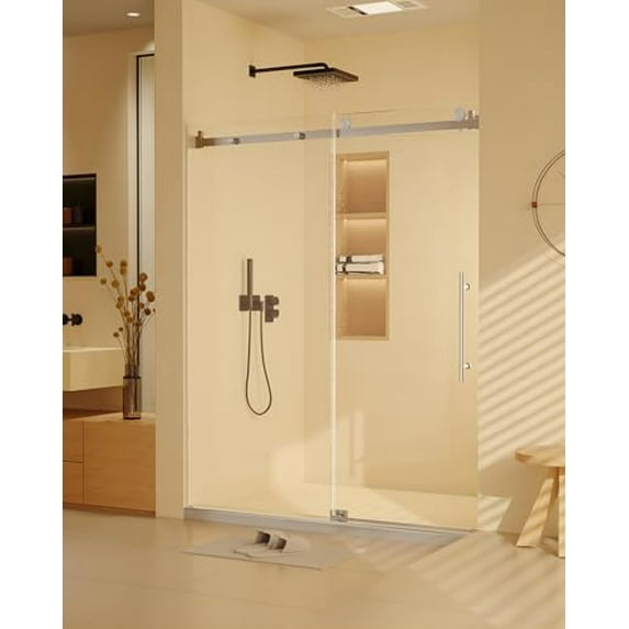 60" W 76" H (8mm) Modern Frameless Shower Door in Stainless Steel, Tempered Glass Shower Doors with Seal Strip Parts and Handle, Easy Sliding Showe Door, Easy to Clean