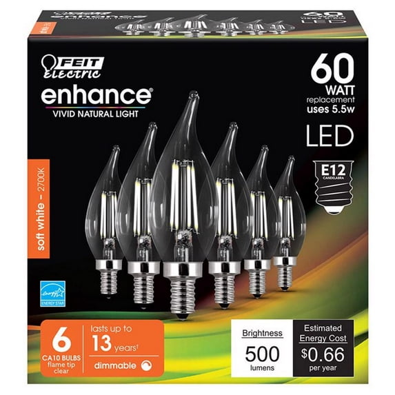 60 W Equivalent Soft White CA10 Dimmable Enhance Decorative Candelabra LED Light Bulb (6-Pack)