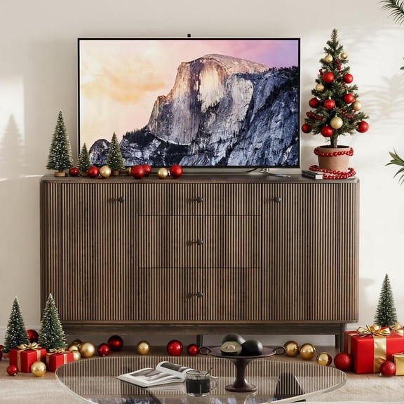 60" W Storage Cabinet with 3 Drawers, Fluted Buffet Cabinet with Storage, Large Sideboard Cabinet with 2 Doors, Modern Mid Century TV Stand Coffee Bar Cabinet for Living Room, Kitchen, Entryway