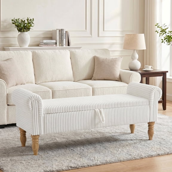 60''W Storage Ottoman Bench with Arms, Corduroy Large Storage Bench for King Bed, Upholstered End of Bed Bench for Bedroom, Entryway, Living Room, Cream White