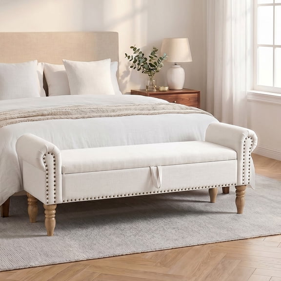 60''W Storage Ottoman Bench with Arms, Linen Large Storage Bench for King Bed, Upholstered End of Bed Bench, for Bedroom, Entryway, Living Room, Beige