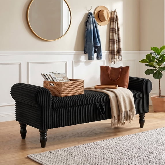 60''W Storage Ottoman Bench for King Bed, Corduroy Upholstered Bedroom Bench, Storage Bench with Rolled Arms for Living Room, Storage Room, Entryway, Black