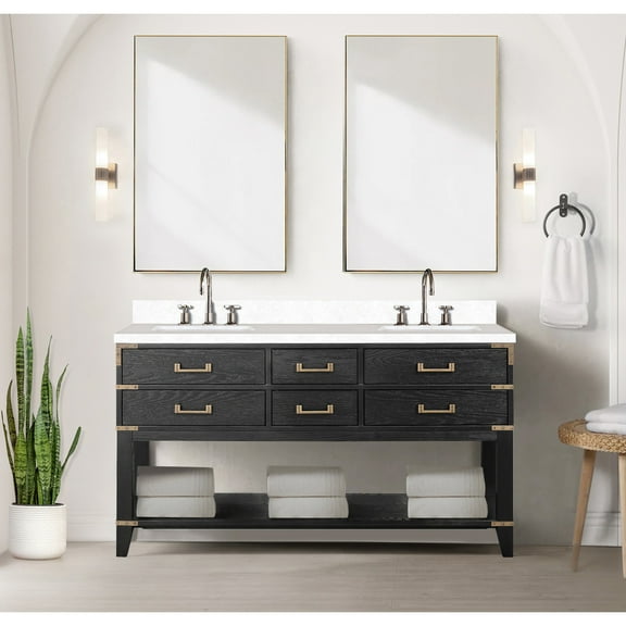 60 In W X 22 D Black Oak Double Bath Vanity Having Hand-polished Cultured Marble Top & Mirrors - 4 Drawers And Open Cabinet For Ample Storage Sealed Twice