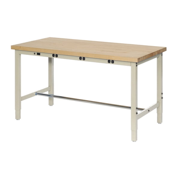 60"W x 30"D Adjustable Height Workbench, Power Apron, 1-1/4" Thick Maple Top Square Edge, Tan