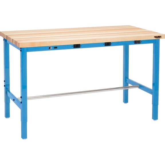 60"W x 30"D Adjustable Height Workbench, Power Apron, 1-3/4" Thick Maple Top Square Edge, Blue