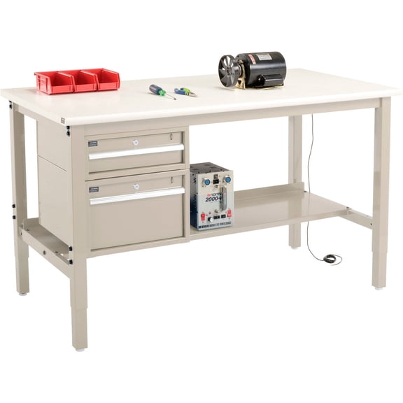 60"W x 30"D Workbench, 1-1/4" Thick ESD Laminate Safety Edge with Drawers & Shelf, Tan