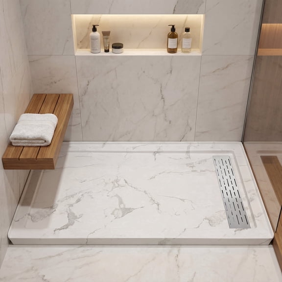 MORVANO 60"W x 32"D Rectangle Shower Base Pan, Marble-Look Acrylic with Anti-Slip Texture & Stainless Steel Linear Drain Cover