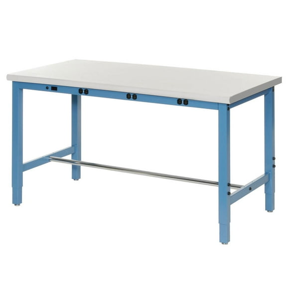 60"W x 36"D Adjustable Height Workbench, Power Apron, 1-1/4" Thick ESD Laminate Safety Edge, Blue