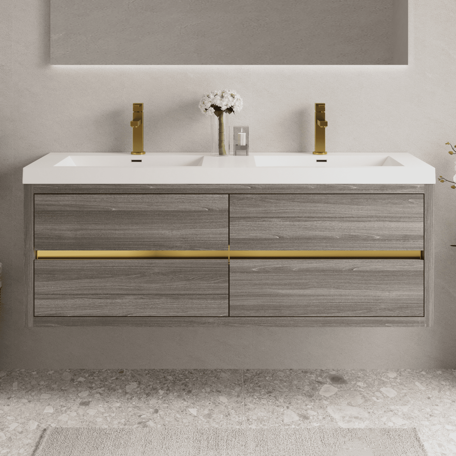 60" Wall-Mounted Bathroom Vanity with Double Sinks & Floating Storage ...