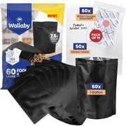 60 Wallaby Stand Up Mylar Bags with Zipper - Bundle - 1 Gallon 7.5 Mil with 60 400cc Oxygen Absorbers, 60 Labels - Heat Sealable, Food Safe, Long Term Food Storage & Survival - Black