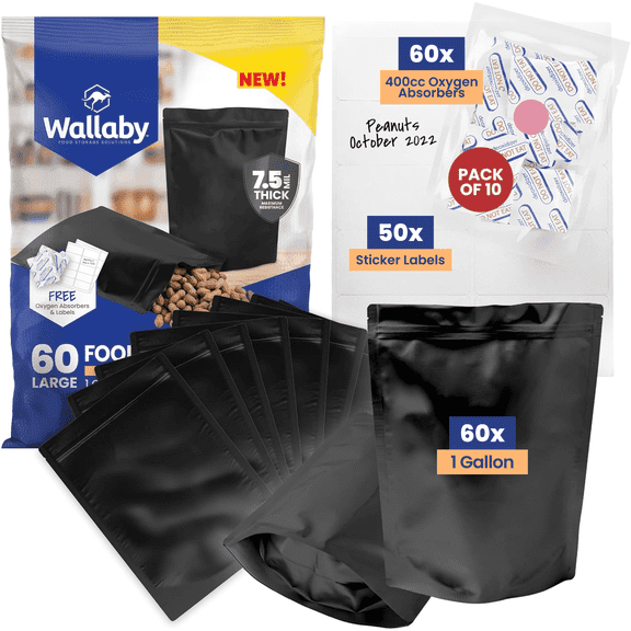 60 Wallaby Stand Up Mylar Bags with Zipper - Bundle - 1 Gallon (7.5 Mil) with 60 400cc Oxygen Absorbers, 60 Labels - Heat Sealable, Food Safe, Long Term Food Storage & Survival - Black