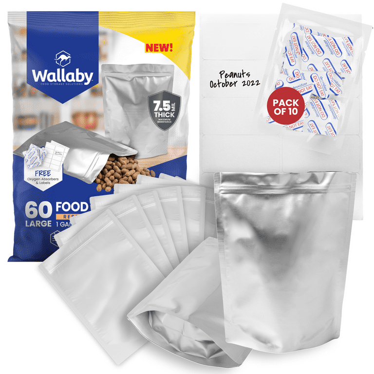 60 Wallaby Stand up Mylar Bags with Zipper Bundle 1 Gallon 7.5 Mil with 60  400cc Food Safe - Silver 