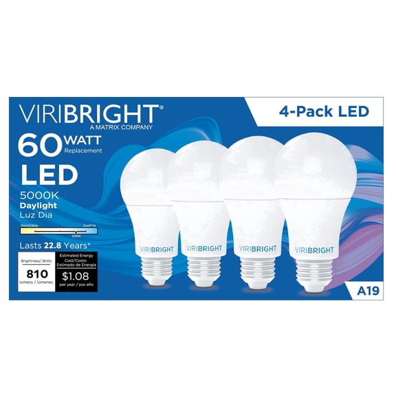 Viribright A19 LED Bulb, 60W, Dimmable, 810 Lumens, CEC, 90+ CRI, Daylight 5000K (4 Pack)
