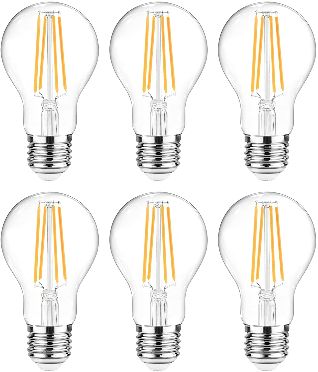 60 Watt Equivalent, E26 LED Filament Light Bulbs, Warm White 2700K, Non-Dimmable, Classic Clear Glass, A19 LED Light Bulb with 80 CRI, Pack of 6