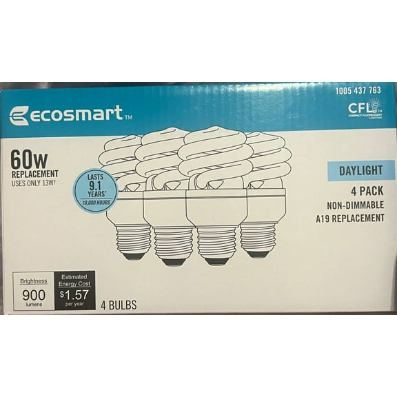 60-Watt Equivalent EcoSmart A19 Spiral Non-Dimmable E26 Base Compact Fluorescent CFL Light Bulb, Daylight 5000K (4-Pack) ‎1005437763