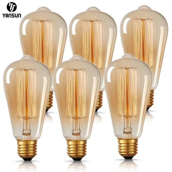 YANSUN 60 Watt Equivalent Vintage Edison ST64 LED Light Bulbs, Soft Warm White 2700K, Amber Glass, Antique Filament, 360 LM, E26 Base, 6-Pack, Decorative LED Replacement for Incandescent Lamps