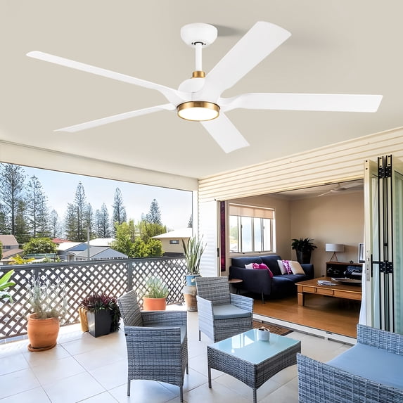 60" White and Gold Ceiling Fan with Light, Waterproof ABS 5 Blades Large Airflow Modern Quiet Fan, Reversible DC Motor, 3CCT Dimmable for Outdoor Exterior Porch Patios