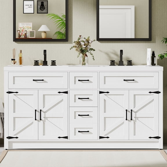 60" White Farmhouse Bathroom Vanity with Double Rectangular Porcelain Sink