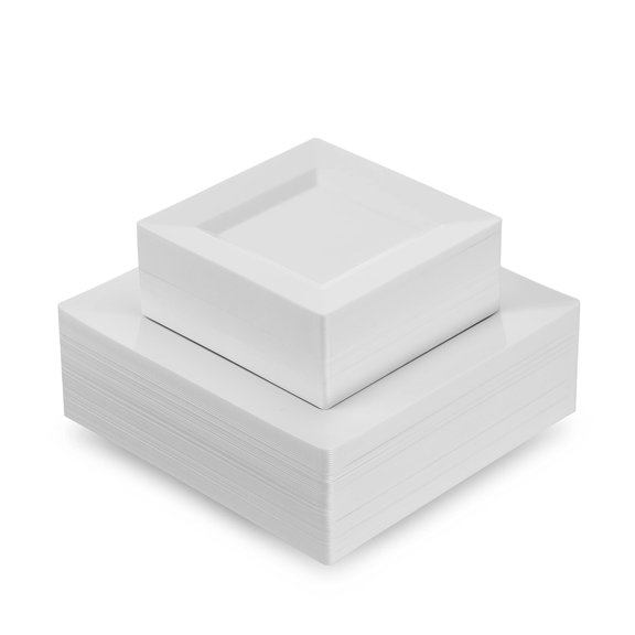 60 White Plastic Plates Set, 30 AFN1Pc 10.25 Plastic Dinner Plates, and 30 Pc 7.5 Plastic Dessert Plates, Fancy Disposable Plates, Heavy Duty Party Plates, Elegant Wedding Plates, Square Plates