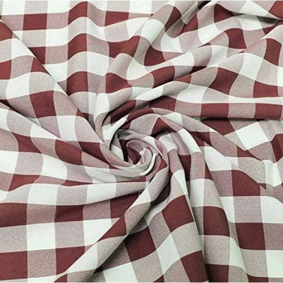 60" Wide Checkered Gingham Buffalo Check Polyester Poplin Fabric - Burgundy & White - 25 Yards