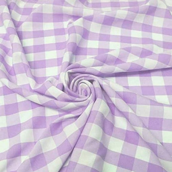 60" Wide Checkered Gingham Buffalo Check Polyester Poplin Fabric - Lavender & White - 1 Yard