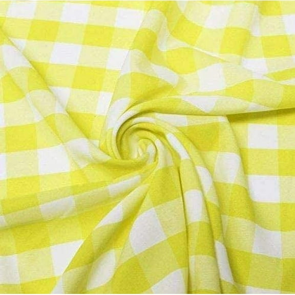 60" Wide Checkered Gingham Buffalo Check Polyester Poplin Fabric - Yellow & White - 1 Yard