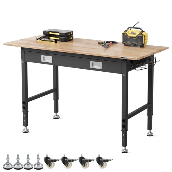 60"Wide Rolling Work Table with Drawer & Power Outlets, 2200LBS Heavy Duty Rubberwood Top Tool Bench, Height Adjustable Metal Frame, Locking Casters for Garage Workshop Home Office – Black