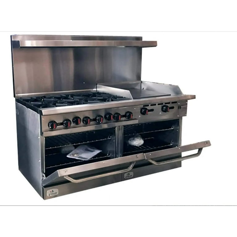 60 Width with 24 Griddle Commercial Range Oven, Left 6 Burners, Natural  Gas, Propane, NSF/ETL Certified, 2 Ovens Thermostat, Cast iron Grate