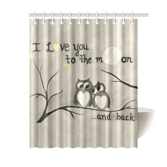 60"(Width) x 72"(Height) Funny Owls Fall In Love I Love You To The Moon And Back Bathroom Shower Curtain Shower Rings Included, 100% Polyester