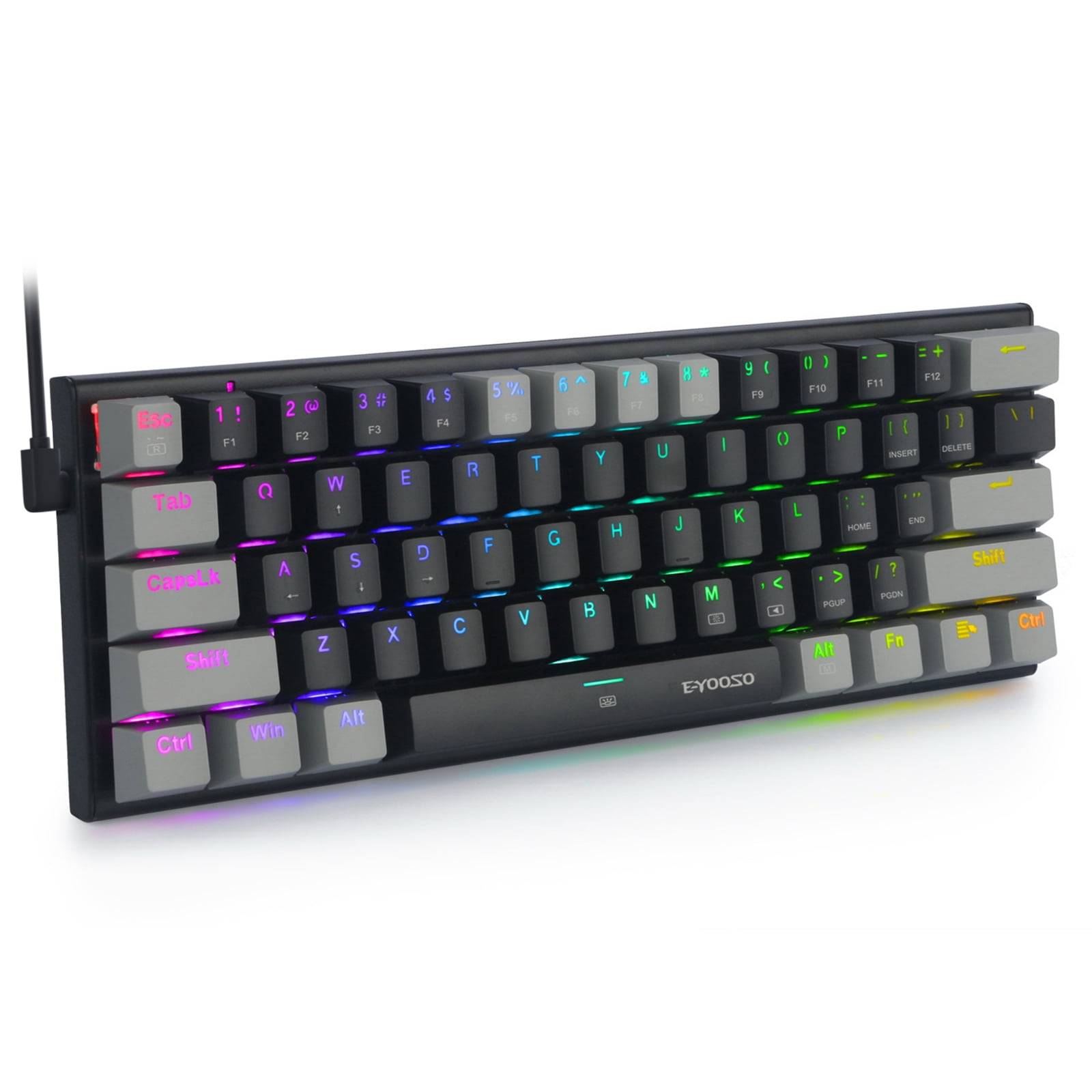 60% Wired Mechanical Gaming Keyboard, E-YOOSO RGB Backlit Ultra-Compact 61 Keys Hot Swappable Mini Waterproof Wired Office Keyboard with Blue Switches for Windows, Mac OS Gamers (Black Grey)