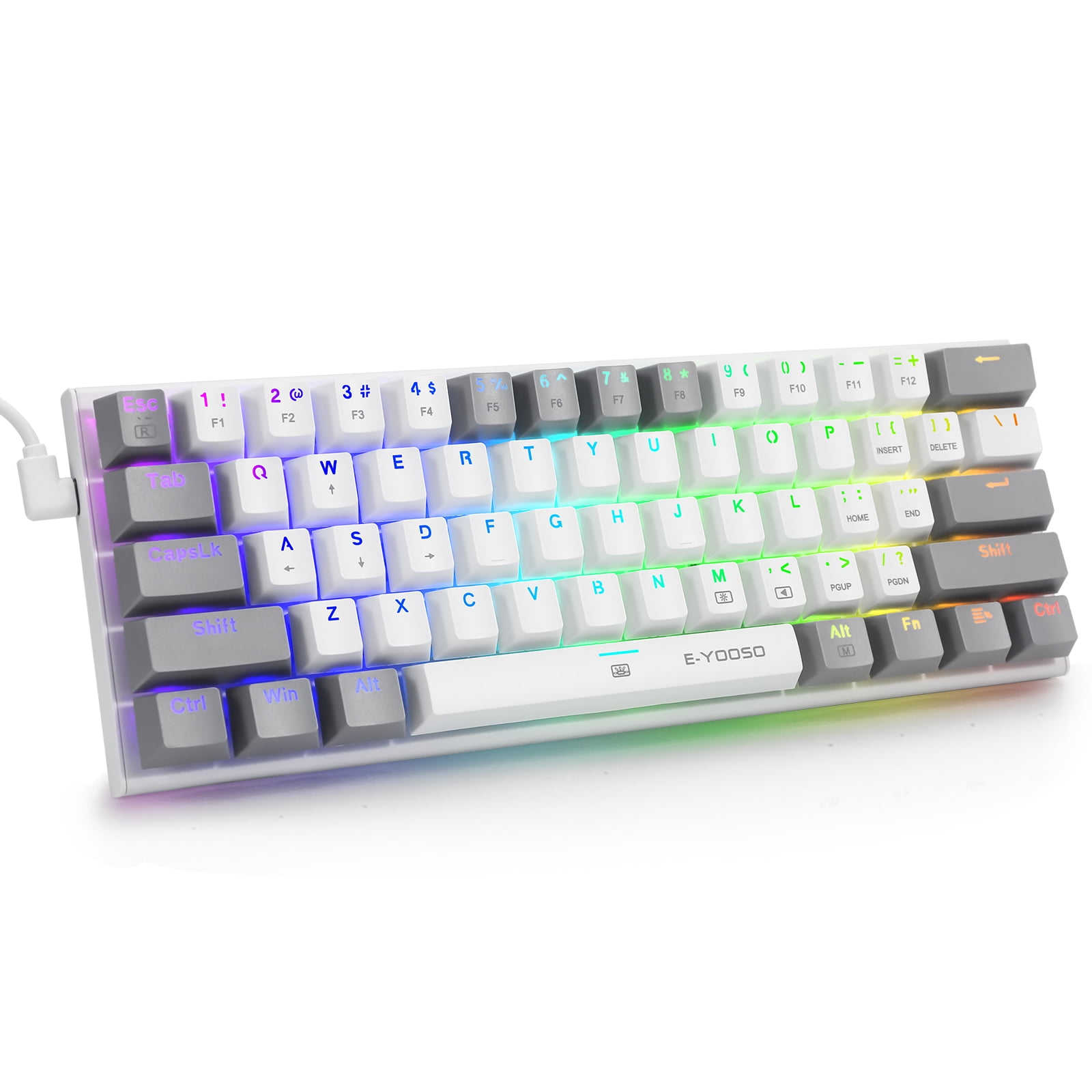 60% Wired Mechanical Gaming Keyboard, E-YOOSO RGB Backlit Ultra-Compact 61 Keys Hot Swappable Mini Waterproof Wired Office Keyboard with Blue Switches for Windows, Mac OS Gamers (White Grey)