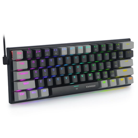60% Wired Mechanical Gaming Keyboard, E-YOOSO RGB Backlit Ultra-Compact 61 Keys Hot Swappable Mini Waterproof Wired Office Keyboard with Blue Switches for Windows, Mac OS Gamers (Black Grey)